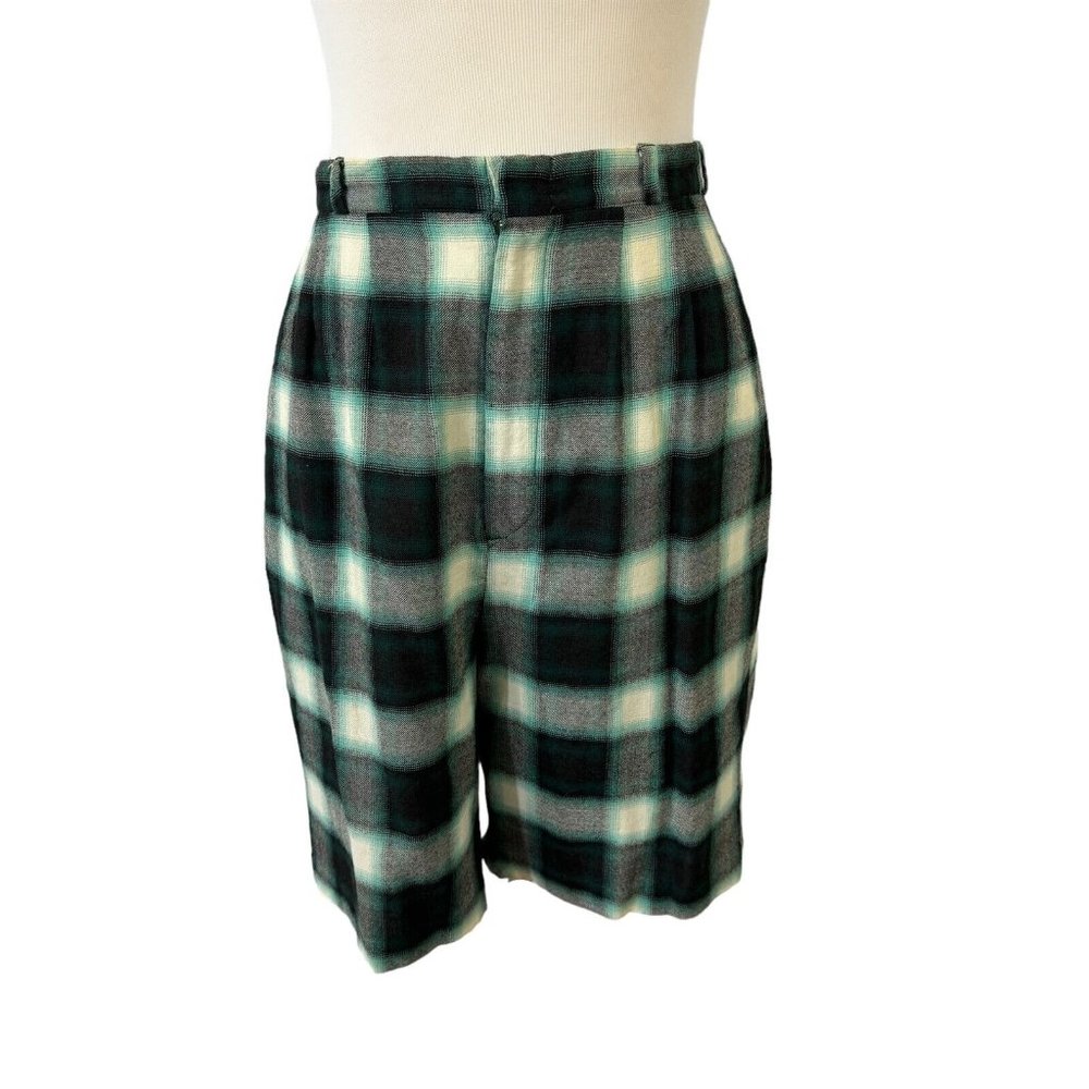 Lady Golfer Di Fini Green Plaid Wool Golf Bermuda Shorts Waist 29 Vintage 1960s